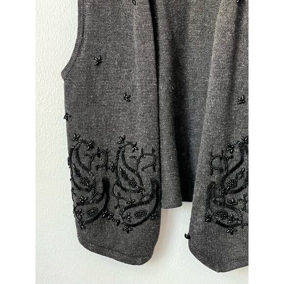 90s ramie cotton charcoal gray black seed bead sleeveless womens sweater L - Picture 2 of 6